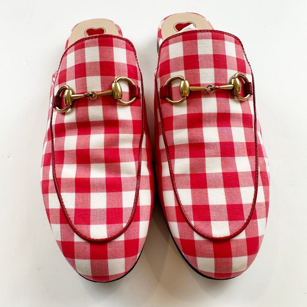 Gucci Princetown Mule Red White Plaid Gold Horsebit Vichy Checkered Size 37 US 7 - Picture 5 of 14
